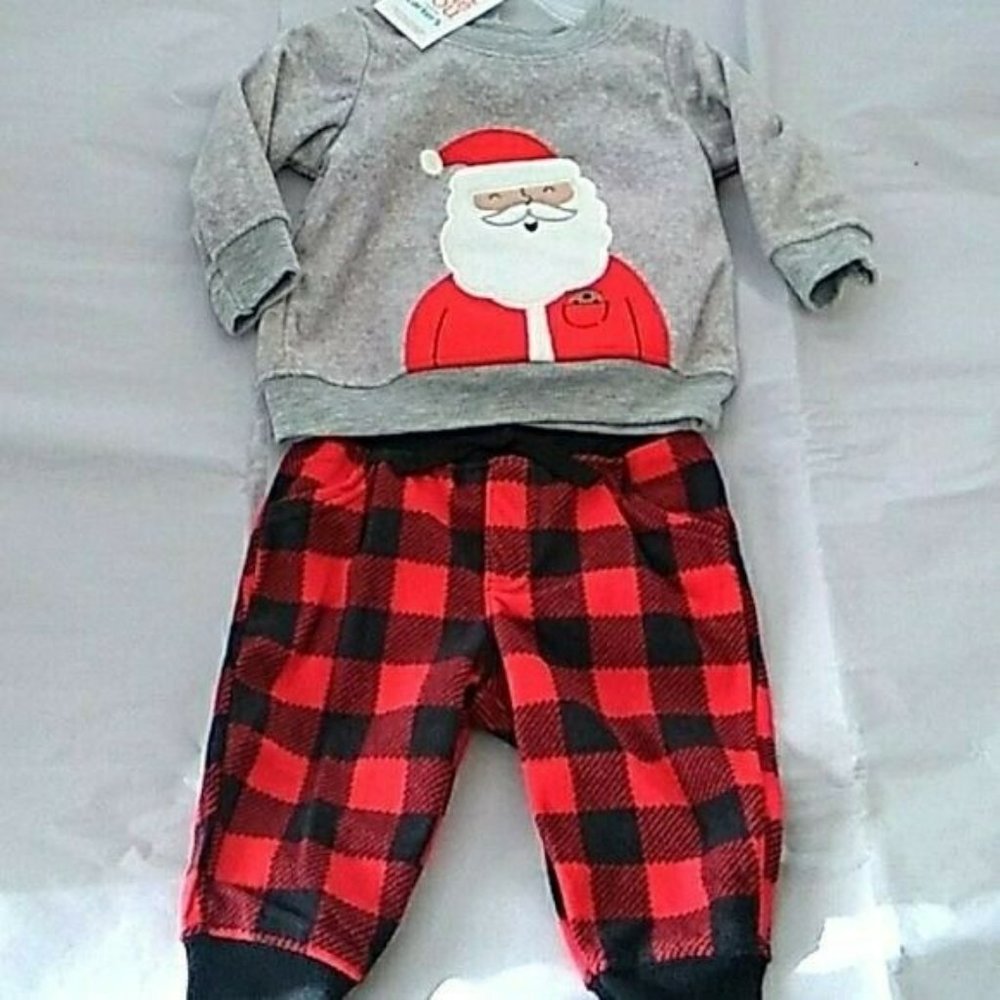 6 Mons Just One You by Carter's Santa Jogging Suit Pajamas Gray Black Red Plaid